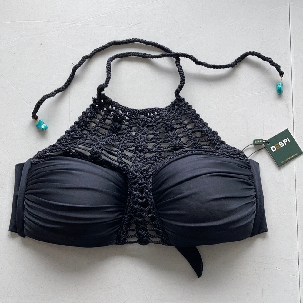 NWT DESPI LUXURY SWIMWEAR DAHLIA BLACK HALTER CROCHET SWIM BIKINI TOP Sz Med